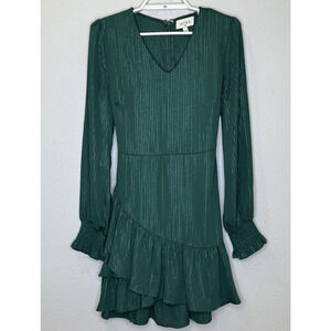 Aura Dress Green Metallic Long Sleeve Ruffle Mini Dress Size Small V-Neck Lined